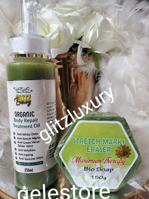 2pcs. Banger combo💪💪Glitzluxury Organic body repair treatment oil & Stretch marks eraser maximum therapy bio soap👌👌INFUSED WITH HERBS To Clear RICE dots, green veins, stretch marks etc results in 7 days.