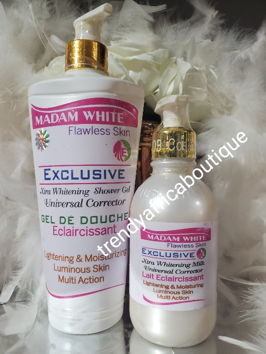 2pcs set; Madam white  flawless skin. Universal corrector. Xtra whitening milk for all skin type. Universal corrector, brightening  Body Lotion 250ml  & the Shower gel 500ml