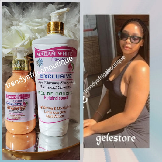 2pcs. Banga Madam white plus flawless skin exclusive. Xtra whitening milk with carrots oil extracts for all skin type. Universal corrector, brightening  Body Lotion 250ml and Shower gel 500ml)