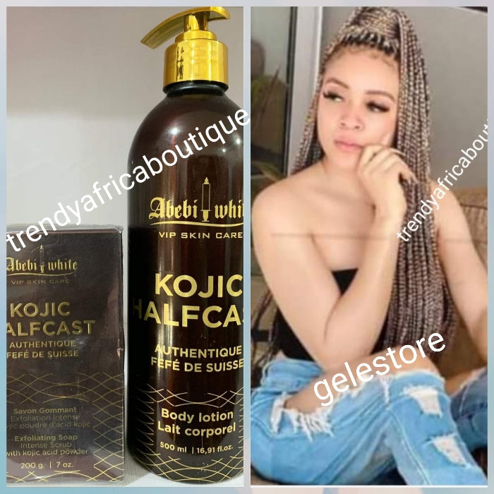 2pcs set of Authentic Abebi white vip skin care kojic half cast whitening body lotion 500ml & Exfoliating Scrubbing soap. suitable for all skin type.