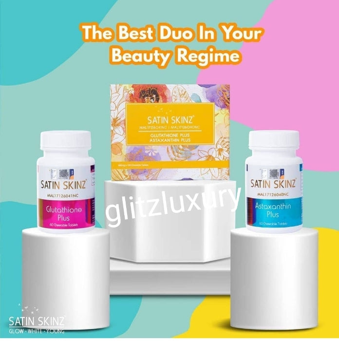 Satin Skinz gluta tab. 2 in 1 glutathion plus and Astaxathine plus.  whitening supplements for men or women. Keep your skin clear, young and glow. 5X Whitening+ anti aging tabs.