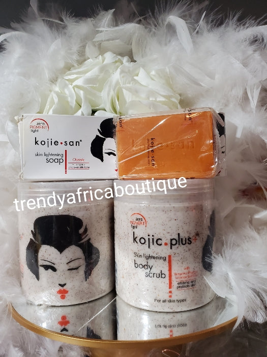 3pcs set. New banga whitening scrub. kojic Plus whitening body scrub for all skin types & 2 bar soap of kojie san skin lightening  soap. Lighten and even skin soap.