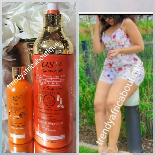 2pcs. Set. Authentic Easy Glow strong lightening and glowing body lotion and serum with L-Glutathion capsule and carrot extracts 3x skin glowing body