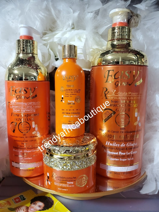 4pcs combo:  Authentic Easy Glow strong lightening, glowing body lotion, shower gel, serum, & the face cream with L-Glutathion capsule and carrot extracts 3x skin glowing body. 💯 Authentic