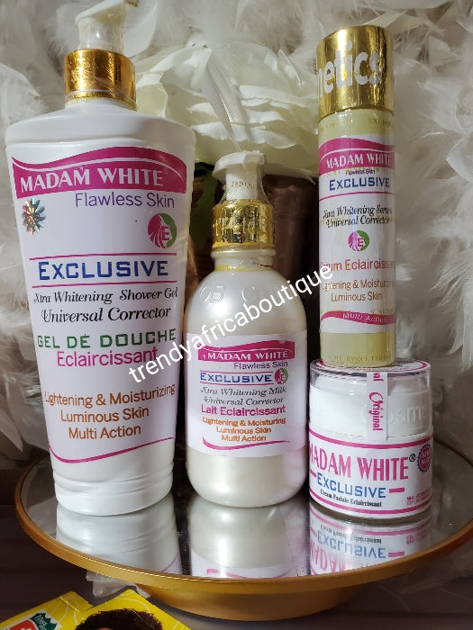 ORIGINAL!! 4pcs set: Madam white Exclusive flawless skin set; whitening, brightening  Body Lotion 250ml, serum 60ml& face cream 60g and shower gel 500ml.