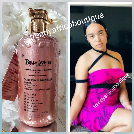 Bella white extra whitening super maxitone with papaya, glycolic extracts & vitamine C body lotion spf 50. Anti stretch marks & more. Extra strenght skin whitening and repair lotion