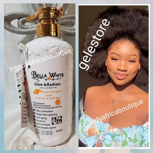 Bella white GLOW & RADIANT body lotion. Super skin glow WITH vitamin C & goat milk. Pure natural formula with spf50. Anti aging, wrinkles, Stretch marks, sun burn, wrinkles. Formulated to glow your complexion.  ALL SKIN TYPES