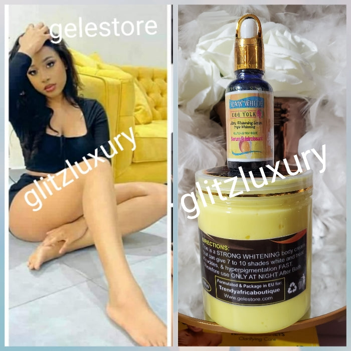 2pcs. Breaking NEWS!!🔥 BANGA Glitzluxury Asian Halfcast whitening body cream 7X PLUS & Evob Raw white Egg yolk xtra whitening serum. FAST ACTION AGAINST Hyperpigmentation, dark knuckles, green veins, blemishes varicose veins.💯 ORGANIC