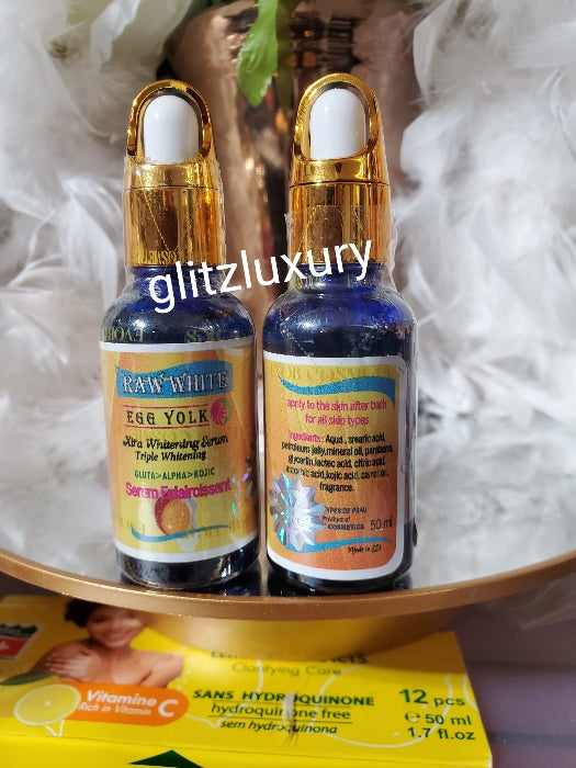 2pcs. Breaking NEWS!!🔥 BANGA Glitzluxury Asian Halfcast whitening body cream 7X PLUS & Evob Raw white Egg yolk xtra whitening serum. FAST ACTION AGAINST Hyperpigmentation, dark knuckles, green veins, blemishes varicose veins.💯 ORGANIC