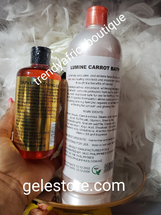 2pcs. Lumine Carrot body wash skin brightening and purifying skin tone PLUS Lumine carrot Lightening body oil, natural fairness skin Glowing with Vitamin C 300ml