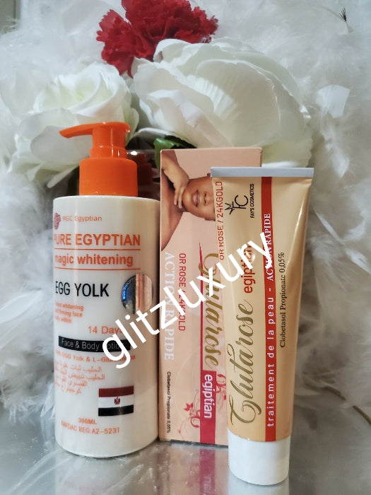 2pcs.  Pure Egyptian magic  whitening face & body lotion with egg yolk & L-Glutathion 300ml and Abebi white gluta Rose tube cream.  x 1. 14days action