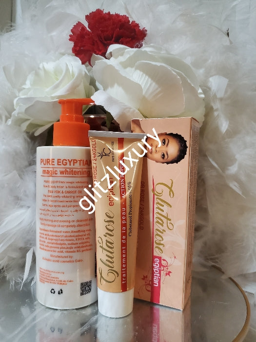 2pcs.  Pure Egyptian magic  whitening face & body lotion with egg yolk & L-Glutathion 300ml and Abebi white gluta Rose tube cream.  x 1. 14days action