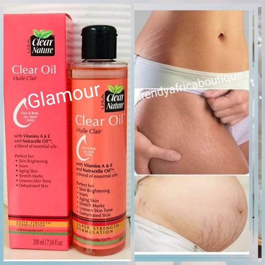Clear nature face and body serum/oil. Super strength Formulation with Nutracelle oil, vitamins for skin brightening, scars, stretch marks and more. 120ml. Mix into your body lotion or use by itself