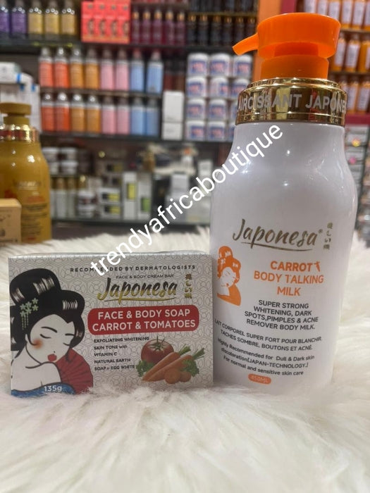 2pcs. Set: New Banga:  Japonesa Carrot body talking body lotion & carrot & tomato soap combo. Strong whitening dark spots, blemishes remover