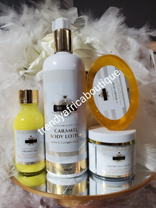 4pcs. Caramel skin set: body lotion, serum, face cream & soap.skin unifying, anti aging, anti stretch mark based on Natural ingredients like glutathion, jojoba oil kojic acid, vit.c 👌👌