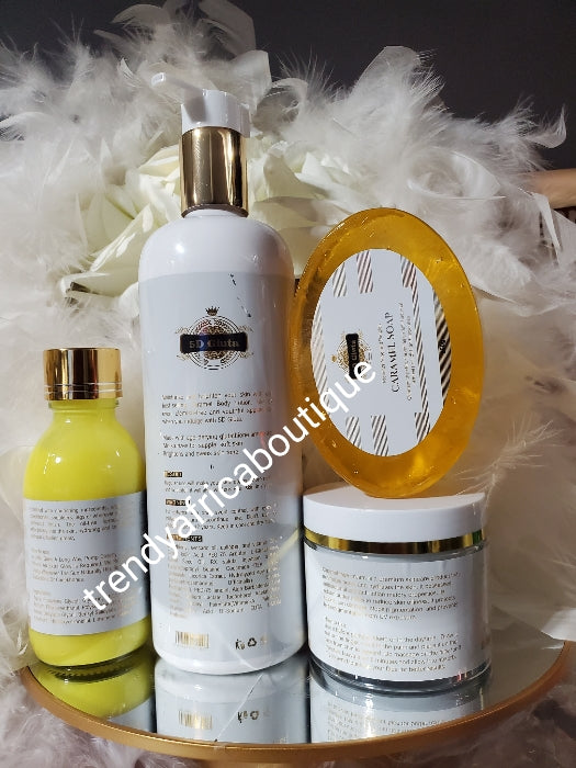 4pcs. Caramel skin set: body lotion, serum, face cream & soap.skin unifying, anti aging, anti stretch mark based on Natural ingredients like glutathion, jojoba oil kojic acid, vit.c 👌👌