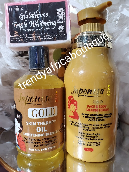 New banga! 3pc set: Japonesa Gold face & body talking lotion, therapy oil and lumine glutathion 3triple whitening soap. 💯 satisfaction. Youthful bright & clear skin