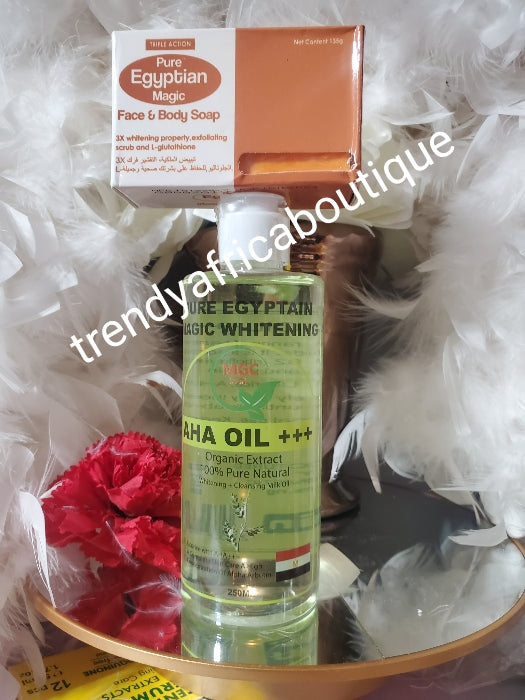 Pure Egyptian magic whitening AHA OIL. organic body serum/oil & Egyptian magic face and body exfoliating soap