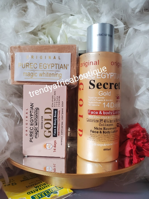 2pcs.  Original Purec Egyptian secret GOLD face & body lotion & exfoliating soap. , Recovery whitening  face & body lotion  💯 satisfaction!!