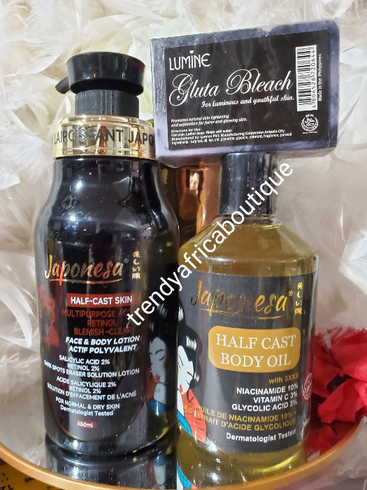 3pcs. Set: New Banga: Japonesa Halfcast skin multi purpose action retinol glow face & body lotion,  Halfcast body oil, & Lumine gluta Bleach soap👌