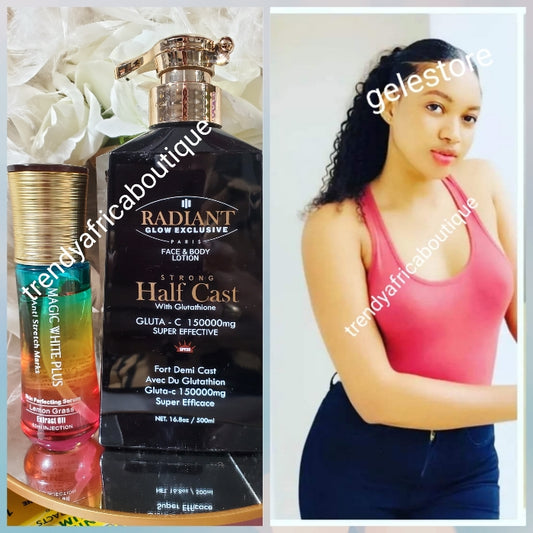 2pcs perfect combo👌👌 New Banga: RADIANT GLOW EXCLUSIVE PARIS FACE & BODY LOTION & Magic white plus anti stretch marks skin perfecting serum with lemon grass. Lotion is Strong half cast with glutathion, collagen, AHA, RETINOL