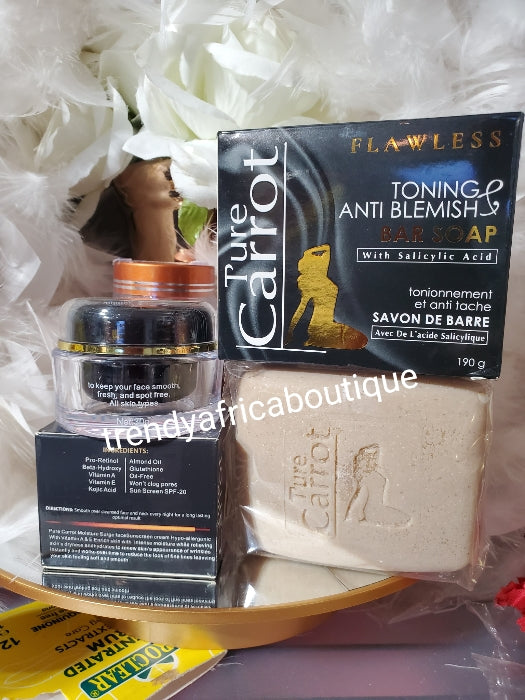 2pcs. Pure carrot flawless toning & anti blemish soap with salicylic acid, moisture surge face cream spf 20. Super moisturizing, pro retinol, glutathione, almond oil, vit. E AHA. 30ML.