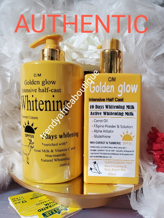 2pcs. Set of Golden Glow Intensive Halfcast whitening body lotion & shower gel Enriched with goat Milk, vitamins C & Niacinamide 1000mlx 1 spf 55