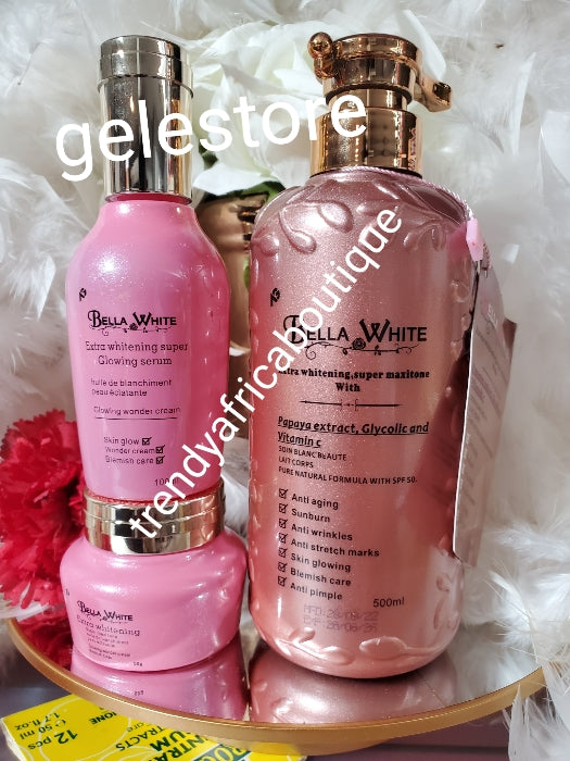 Another banga: 3pcs. Bella white extra whitening super maxitone blemish care face cream, serum & body lotion: formulated with papaya, glycolic extracts & vitamine C, glutathion spf 50. Anti stretch marks & more.👌