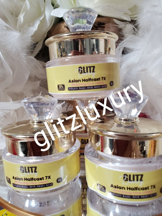 New product alert: Glitzluxury Asian Halfcast 7x Whitening face cream. Party ready in 5 days 👌👌 60g x 1 oshaprapra Whitening with kojic powder, pearl powder, Albutin 💯 satisfaction