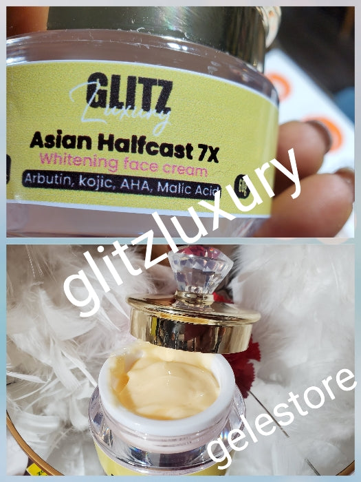 New product alert: Glitzluxury Asian Halfcast 7x Whitening face cream. Party ready in 5 days 👌👌 60g x 1 oshaprapra Whitening with kojic powder, pearl powder, Albutin 💯 satisfaction