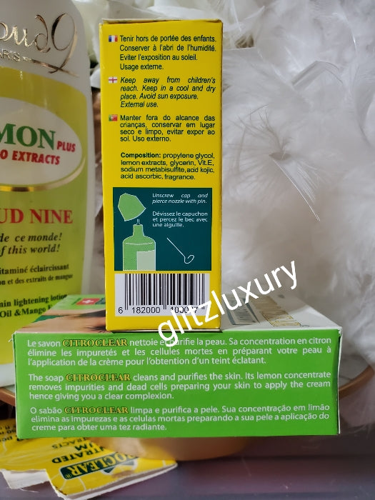 2pcs set ; 1 Citroclear Concentrated serum & one soap on 190g. with lemon extracts clarifying care. Rich in Vitamin C. Anti sports & discolorations. Add to lotion, oil or body cream