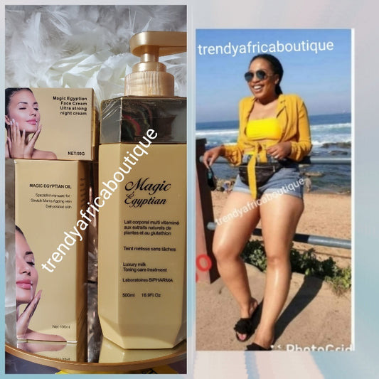 3pcs set:  Magic egyptian Luxery skin whitening/treatment body lotion 500ml, face cream, whitening oil. With plant extracts & glutathione. Visible differences in 7 days.