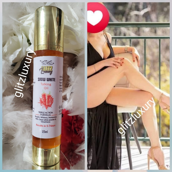 Glitzluxury Snow White talking oil triple action formular with SNOW white powder & glutathion. Triple action moisturize, whitens and repairs your skin. 120mlx 1 bottle: Results in 5 to 7 days! OSHAPRAPRA