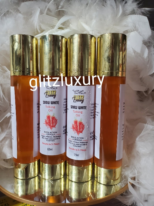 Glitzluxury Snow White talking oil triple action formular with SNOW white powder & glutathion. Triple action moisturize, whitens and repairs your skin. 120mlx 1 bottle: Results in 5 to 7 days! OSHAPRAPRA