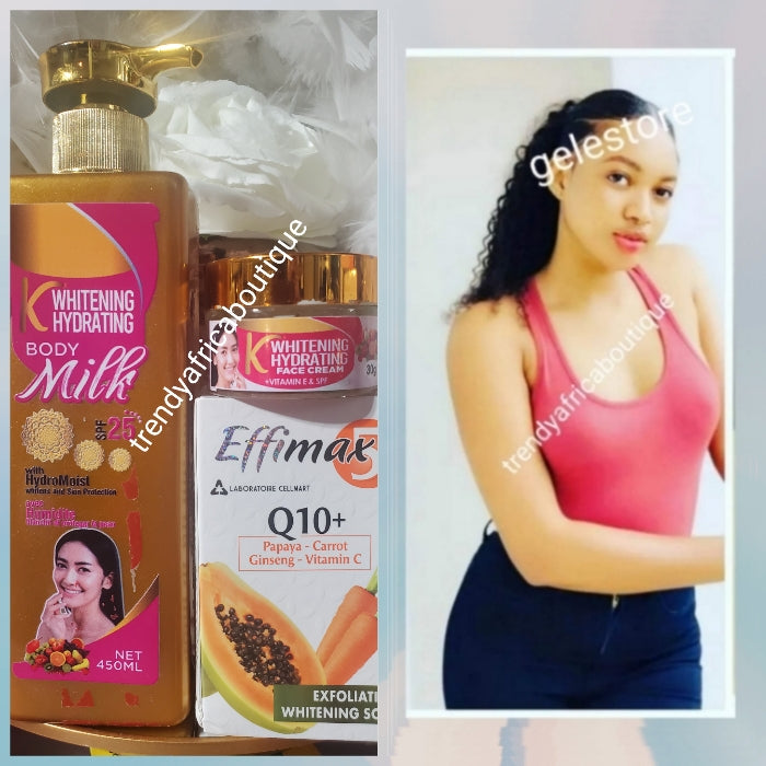 3pcs Banga, K-whitening hydrating treatment body lotion, face cream with vitamin E,  C, glutathione & effimax white soap with carrot, papaya & vit. C . Perfect combo