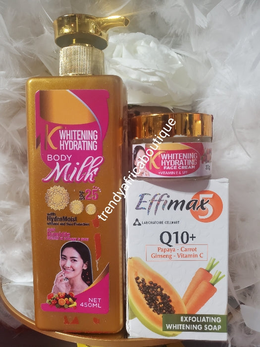 3pcs Banga, K-whitening hydrating treatment body lotion, face cream with vitamin E,  C, glutathione & effimax white soap with carrot, papaya & vit. C . Perfect combo