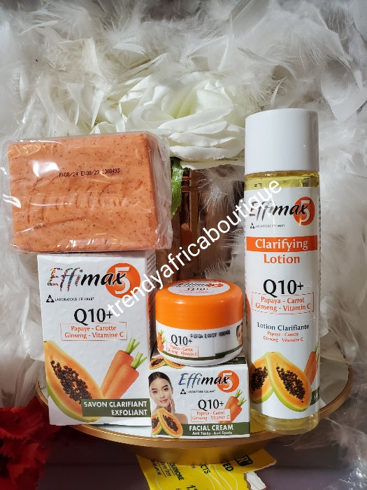 3pcs set: Effimax Q10+ clarifying lotion (cleanser), exfoliating whitening soap & face cream anti dark spots. Formulated ginseng, papaya, carrot & vit. C