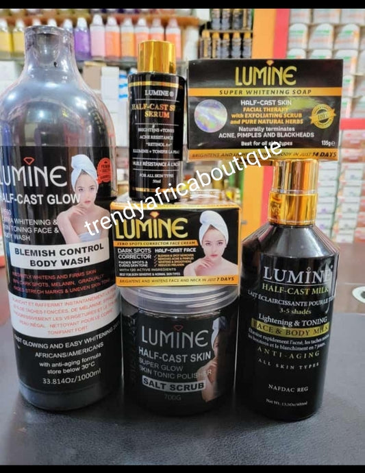 6pcS.  Lumine half cast Complete whitening set: Body lotion, serum, Lumine soap,  face cream, shower gel & scrub. formulated with glutathion + kojic. For all skin type