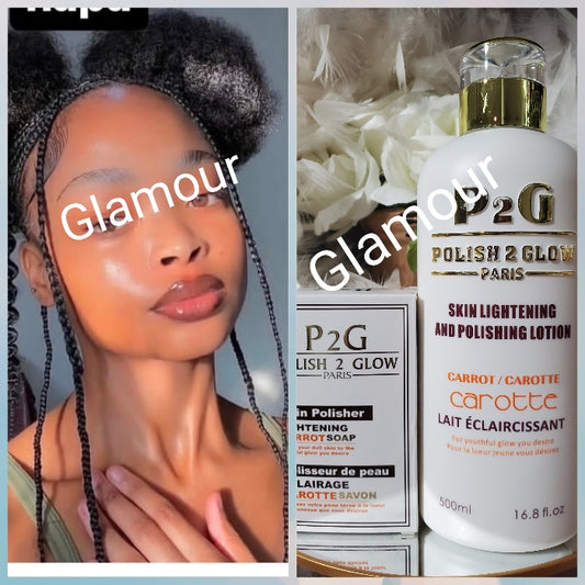 2pcs. Combo: P2G (polish to Glow) paris skin lightening and polishing body lotion with carrot extracts. Anti stretch marks and scars. Body lotion 500ml + exfoliating combo