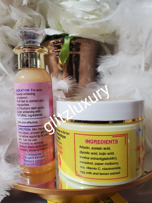 Pure Organic combo: Glitzluxury exclusive yellow sis egg yolk & lemon body cream 350g & the Natural fairness anti-aging serum 100ml.  Skin lightening & firming for all skin types!!!!