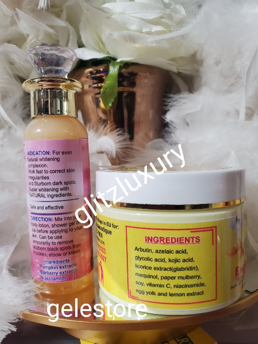 Pure Organic combo: Glitzluxury exclusive yellow sis egg yolk & lemon body cream 350g & the Natural fairness anti-aging serum 100ml.  Skin lightening & firming for all skin types!!!!