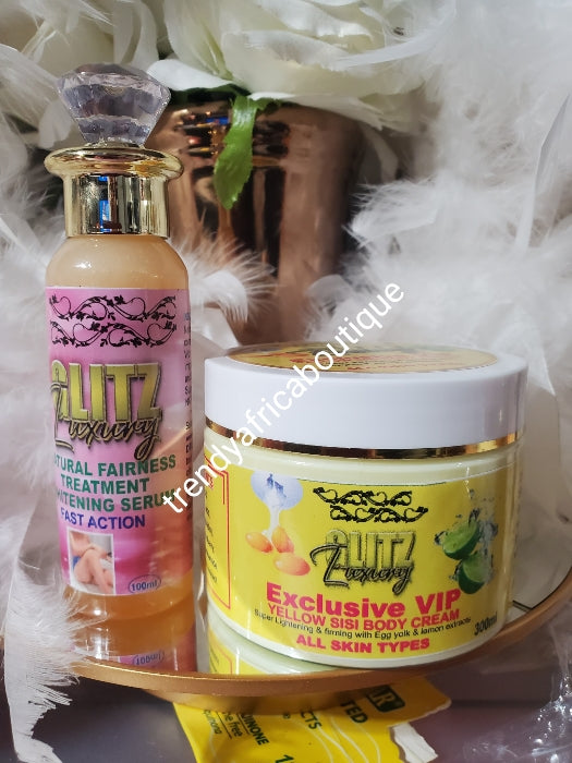 Pure Organic combo: Glitzluxury exclusive yellow sis egg yolk & lemon body cream 350g & the Natural fairness anti-aging serum 100ml.  Skin lightening & firming for all skin types!!!!