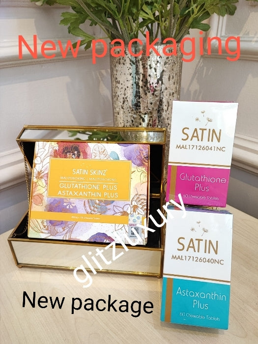 Satin Skinz gluta tab. 2 in 1 glutathion plus and Astaxathine plus.  whitening supplements for men or women. Keep your skin clear, young and glow. 5X Whitening+ anti aging tabs.