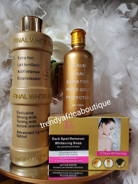 3pcs banga: Authentic final white Gold body lotion set: lotion 500ml, soap and dark spots corrector soap 200g. formulated with glutathion & natural ingredients + plant extracts. Fast acting Whitening/brightening the skin safely. 100% satisfaction (Copy)