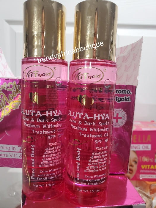 New alert: 1 bottle sale: veetgold gluta -AHA bright complete face & body acne & dark spots treatment oil spf30. 150ml x 1 bottle sale