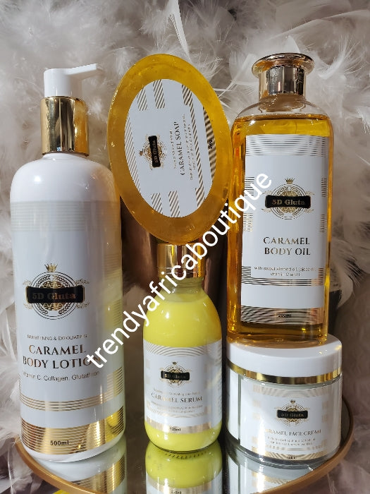 5pcs. Caramel skin set: body lotion, serum, face cream, soap & caramel body oil.skin unifying, anti aging, anti stretch mark based on Natural ingredients like glutathion, jojoba oil kojic acid, vit.c 👌👌.