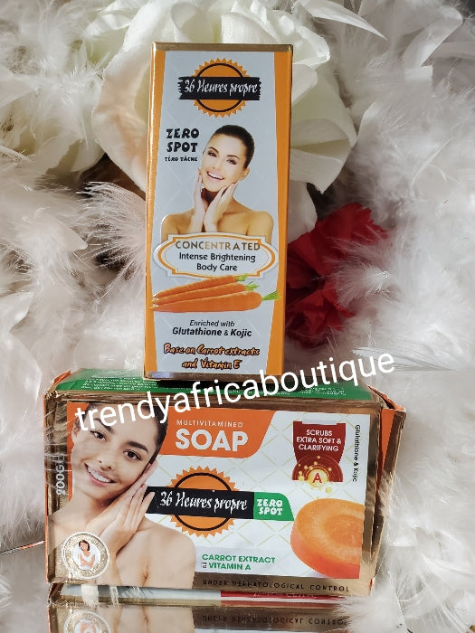 2pcs. zero tache carrot. 36 heures propre intense whitening serum/oil. & exfoliating soap with vitamins. Original in 60ml bottle x 1. Formulated with carrot & vitamin E.