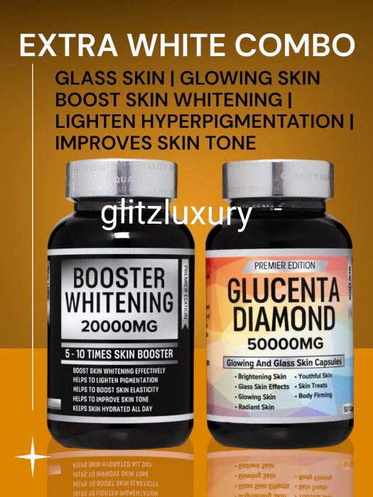 New package: 2pcs set: GLUCENTA DIAMOND glassy skin + BOOSTER WHITENING 5-10 times whitening supplements. Premier edition. Skin Whitening, glowing and brightening duo. 50 capsules each in each bottle.