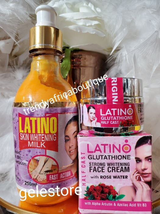 Another banga!! 2pcs set; Latino skin whitening milk fast action & Latino Glutathion halfcast strong whitening face cream with Rose water 👌 With alpha arbuti, Azeliac acid and Vitamin B. Spf 20. Skin Whitening by OMEK!!