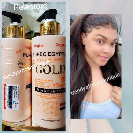 BEWARE OF FAKE:ORIGINAL Purec Egyptian magic GOLD vitamin C, turmeric, egg yolk & L-Glutathion for face & body 300ml. Fast whitening action! face and body lotion formulated to evenly lighten, and brighten your skin, giving you that natural glow